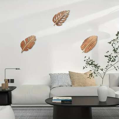 3pcs Handmade Boho Style Mango Leaf Wall Decor - Self-Adhesive Reusable Wood, Natural Matte Asymmetrical Leaf Design, Suitable For Living Room, Bedroom, Study Room Home Decor, Wooden Wall Decor, Bedroom Decor, Rustic Style Decor, Nature Lover