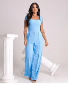 Elegant Women's Long Jumpsuit With Double Bow - Pocket - Padded Cups And Elasticated Back - Baby Blue - View 1