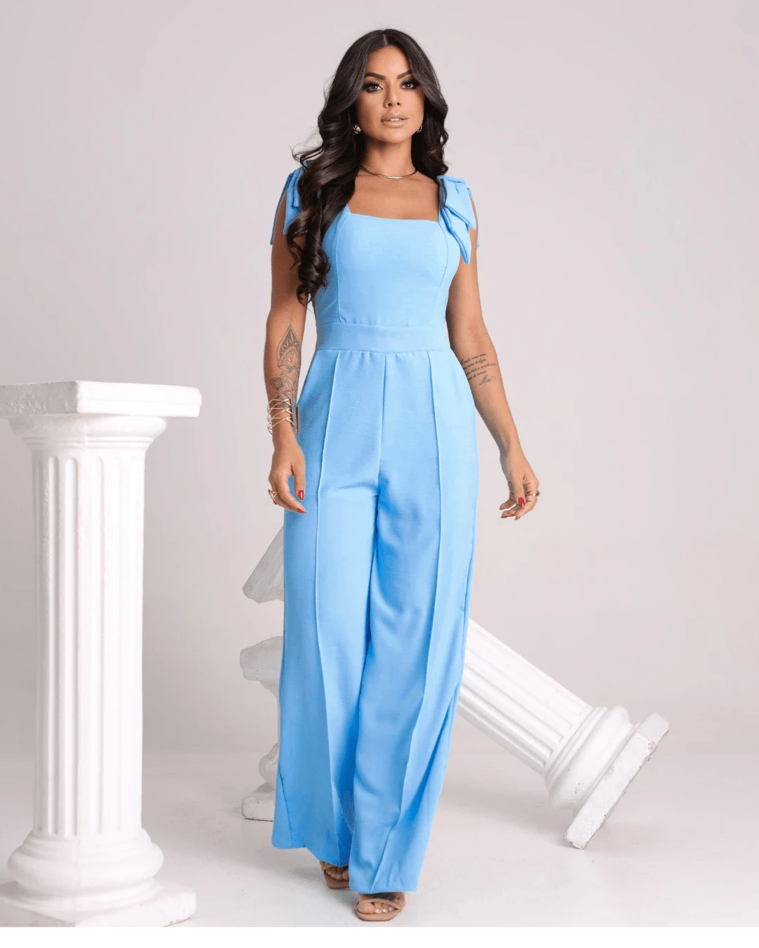 Elegant Women's Long Jumpsuit With Double Bow - Pocket - Padded Cups And Elasticated Back - 淺藍色 - 查看 1