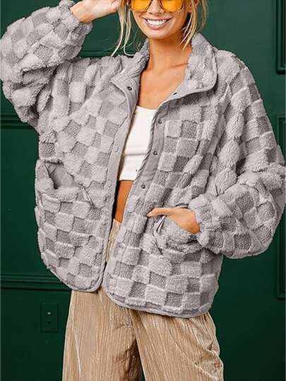 Plus Jackets For Women Plus Size Black Checkered Wool Pattern Oversized Fit Jacket Women Stylish Outerwear Women's Plus Size Jackets Ideal For Business Casual And Everyday Wear