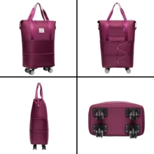 1个大容量可折叠旅行收纳袋，耐用尼龙材质，黑色，多功能便携，带轮子，适合户外旅行，符合飞机头顶行李舱的要求。