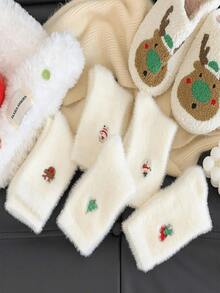 5双装女士圣诞袜，白色蓬松刺绣节日袜，厚实保暖绒面材质，95%涤纶，5%氨纶针织面料，可手洗节日袜（1/3/5双套装） - 彩色 - 查看 3
