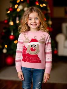 Young Girl Christmas Pink Round Neck Reindeer Striped Children Knitted Sweater Long Sleeve, New Year Pullover For Autumn/Winter - Pink - View 4