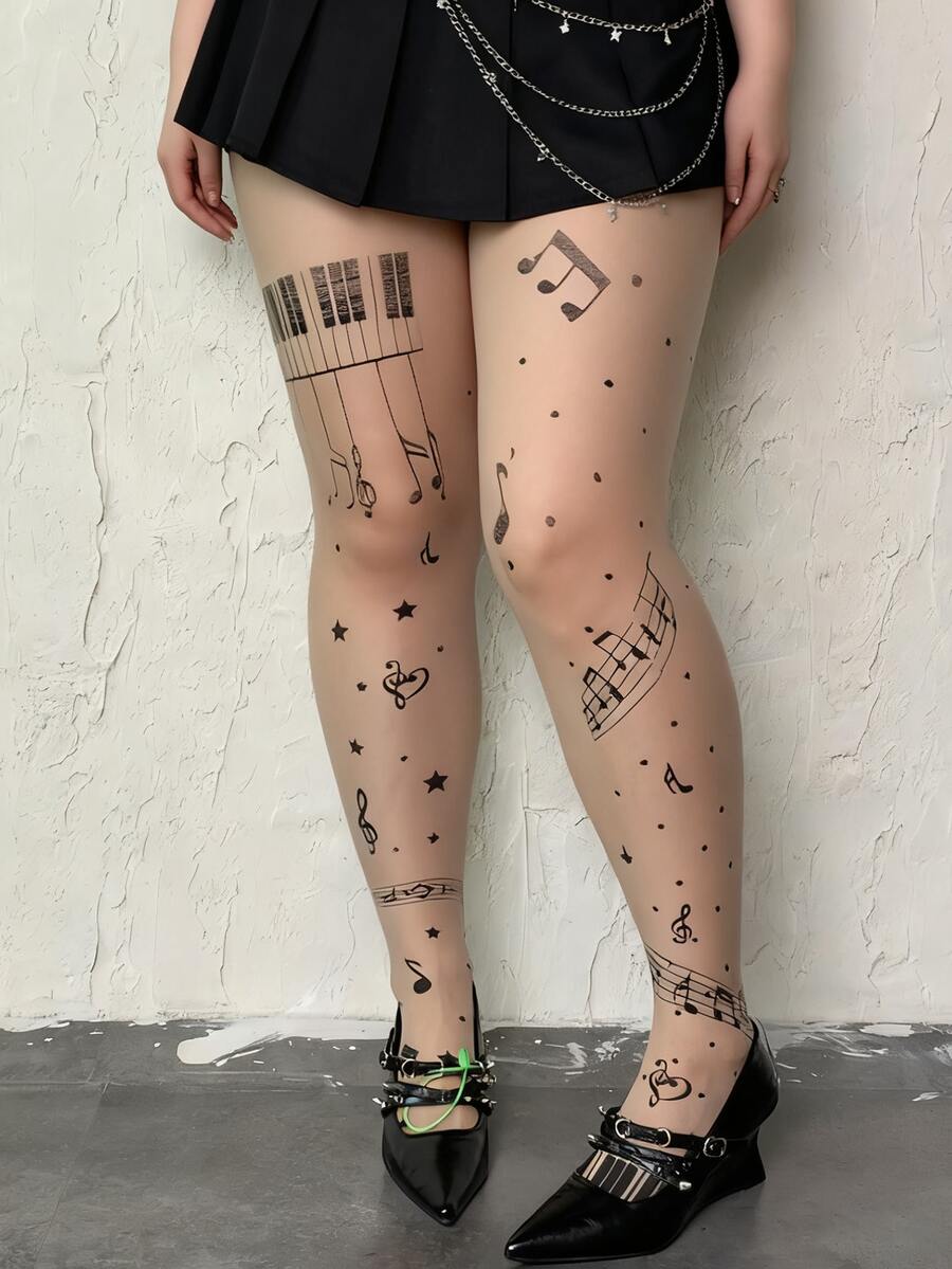 女士钢琴音符和星星 Y2K 图案连裤袜/袜子/打底裤，音乐星空图案连裤袜，复古 Y2K 印花过膝袜，怀旧塑形裤 - 杏色 - 查看 1