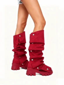 Women Mid Calf Boots Platform Heels Ruch Boots Knee High Fold Over Chunky Heel Short Booties Round Toe Wide Calf Pull-On Shark Boots Daily Party Y2K Dress Boots For Woman - Da lộn màu đỏ - Xem 2