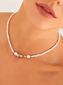 1Pc Silver Color Minimalist Bohemian Vintage Style Necklace Dainty Pearl And 3D Star Charm Combo Adjustable Choker For Daily Wear Travel Holiday Parties Gift