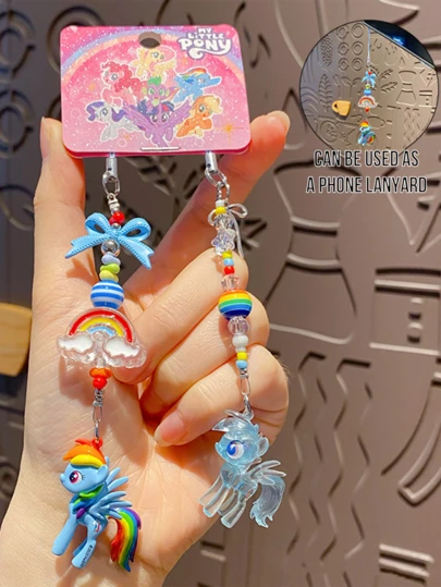 My Little Pony Rainbow Dash Keychain - Multi-Functional Nose Charm Pair Phone Strap Keychain Backpack Bag Charm, Cool Kawaii Blue Pony Pendant With Rainbow Beads, Colorful Rainbow Design, Ideal Accessory For Keys (Keychain) Bags (Bag Pendant) Adventure Lovers Fans Teens Adults Sports Daily Matching Gifting