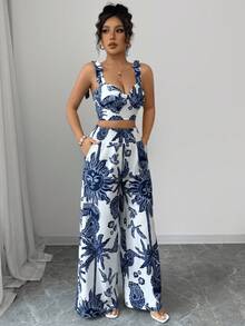 Conjunto de 2 piezas con top corto con tirantes y pantalones rectos con estampado azul y blanco bohemio, conjunto ideal para vacaciones - Azul - Ver 6