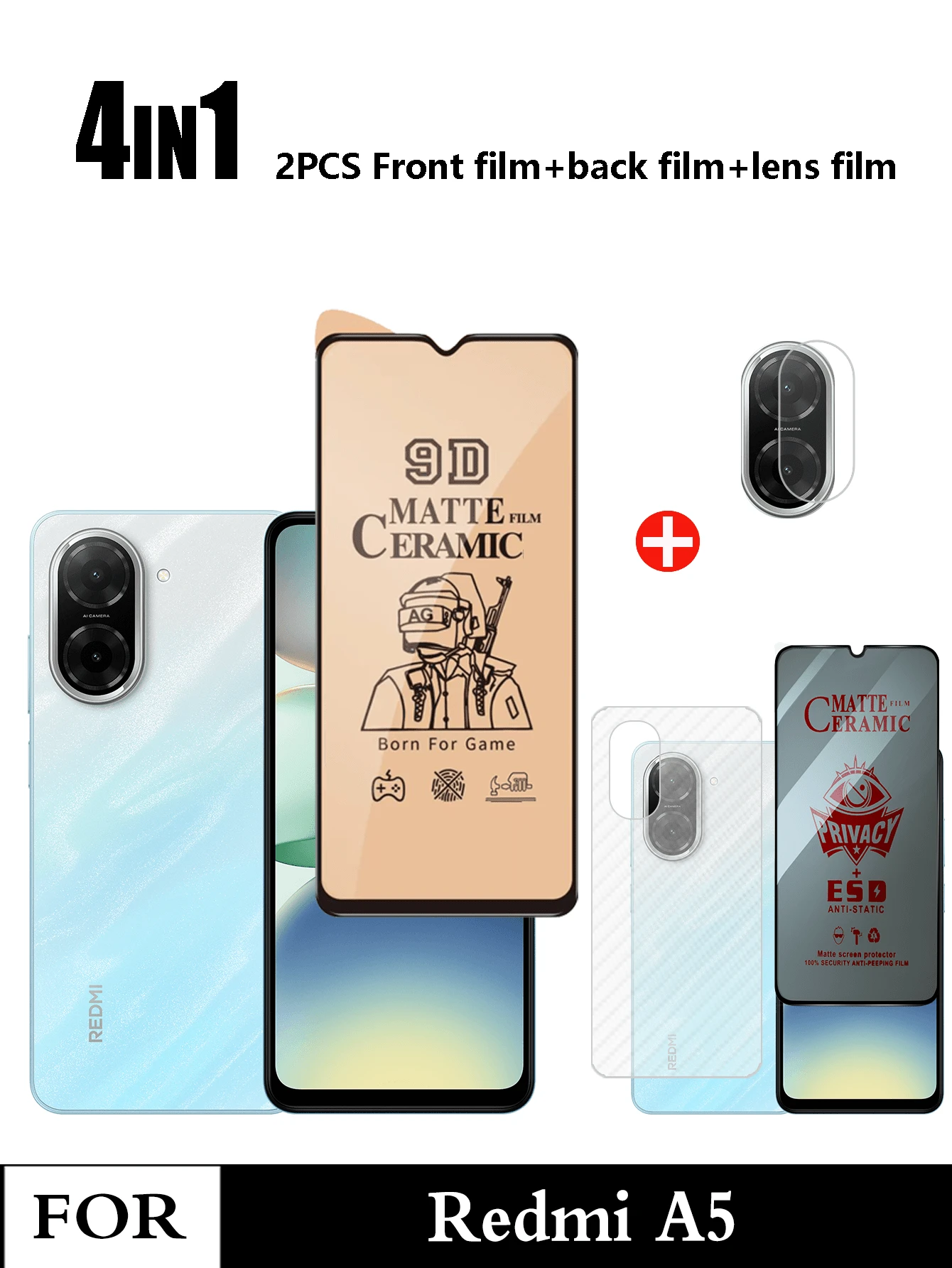 Redmi A5 四合一贴膜（防窥隐私陶瓷膜+磨砂软陶瓷膜+后盖膜+镜头膜） - 黑色 - 查看 1