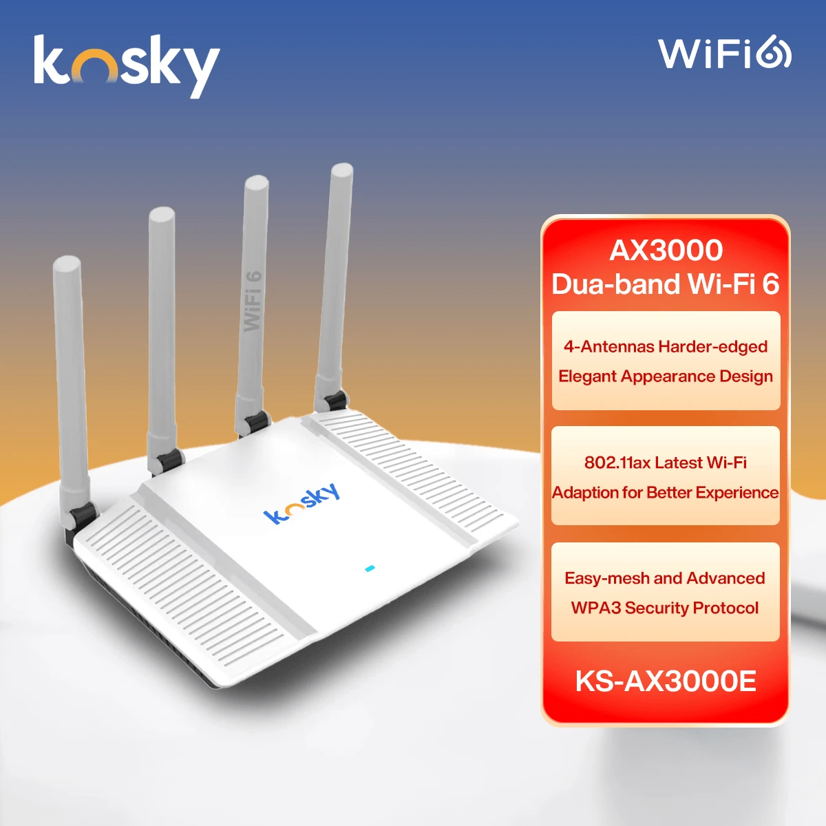 KOSKY Routeur sans fil Wi-Fi 6 nouvelle génération 3000 M, routeur sans fil 802.11ax, routeur Internet double bande Gigabit, routeur VPN, IPv6 et contrôle parental - Prise de type UE C (220-240 V) - Voir 1