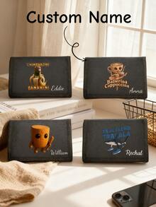 1pc Customizable Horizontal Wallet. Cartoon Shark And Monkey Print, Lightweight. Suitable For Work, Business, Travel, Outdoor Sports. Boys' Short Oxford Cloth Wallet, Hook And Loop Tri-Fold Wallet, Can Be Used As Coin Purse And Card Holder.