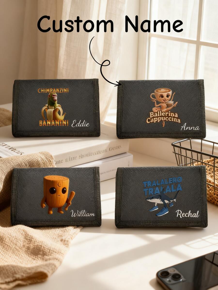 1pc Customizable Horizontal Wallet. Cartoon Shark And Monkey Print, Lightweight. Suitable For Work, Business, Travel, Outdoor Sports. Boys' Short Oxford Cloth Wallet, Hook And Loop Tri-Fold Wallet, Can Be Used As Coin Purse And Card Holder.