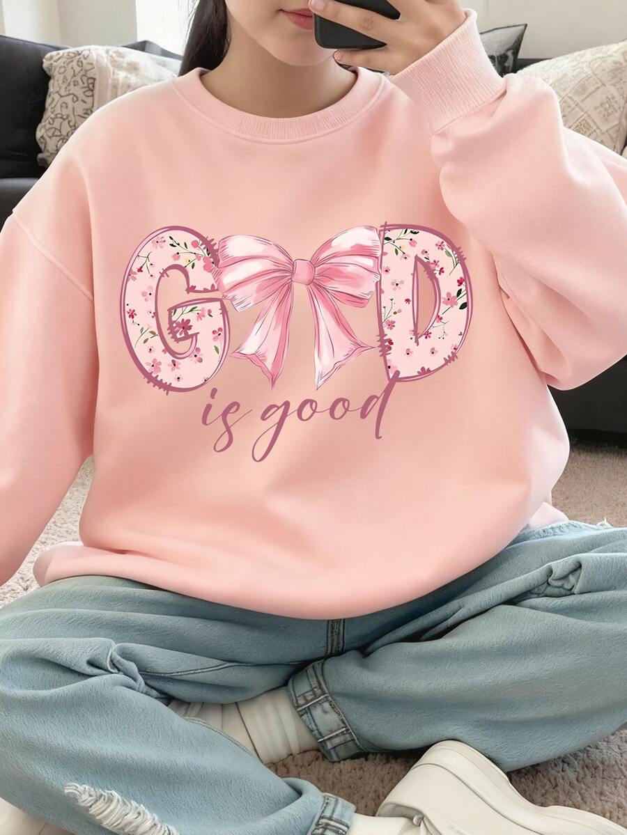 一件青少年女孩励志长袖运动衫，适合日常风格，夏秋季 - 粉色 - 查看 1