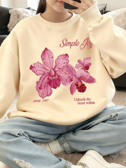 1PC Girl Fresh And Literate Flower Print Crew Neck Sweatshirt, Soft And Skin - Friendly, Spring & Autumn Daily Casual Wear