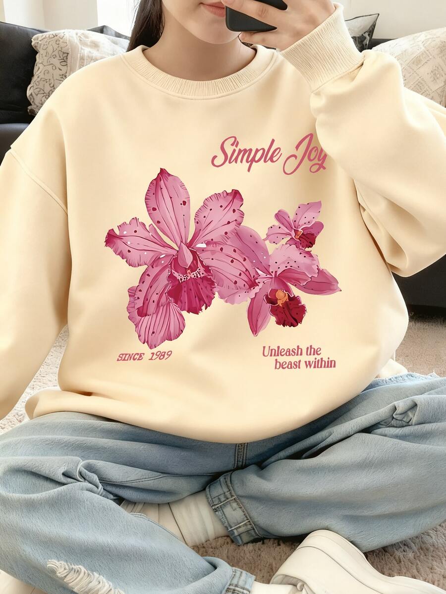 1PC Girl Fresh And Literate Flower Print Crew Neck Sweatshirt, Soft And Skin - Friendly, Spring & Autumn Daily Casual Wear - Apricot - View 1