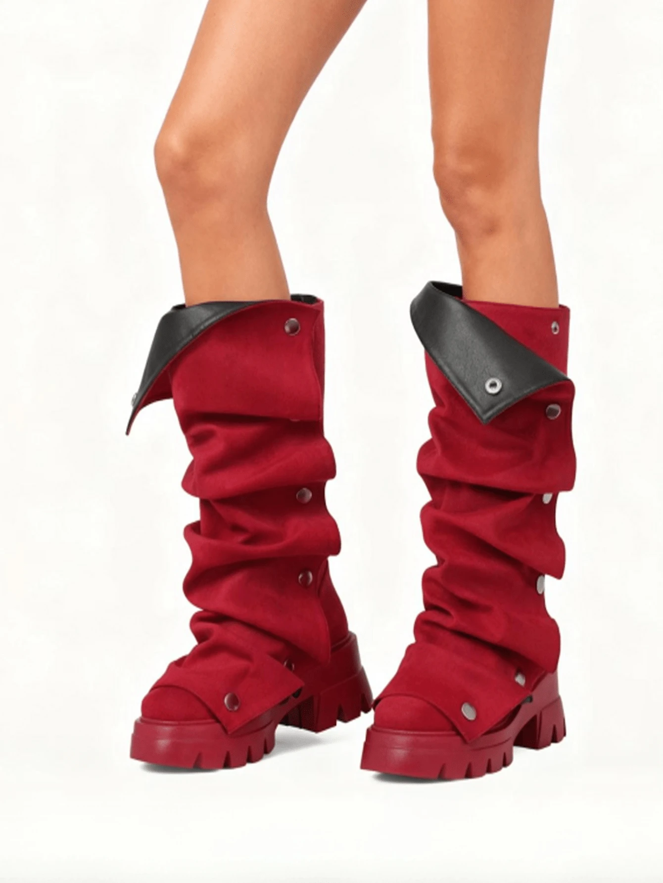 Women Mid Calf Boots Platform Heels Ruch Boots Knee High Fold Over Chunky Heel Short Booties Round Toe Wide Calf Pull-On Shark Boots Daily Party Y2K Dress Boots For Woman - Da lộn màu đỏ - Xem 1