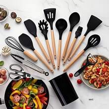 14-Piece Kitchen Cookware Set - Multi-Functional Cooking And Baking Tools - Suitable For Home/Professional Kitchens - Silicone With Heat-Resistant Wooden Handles