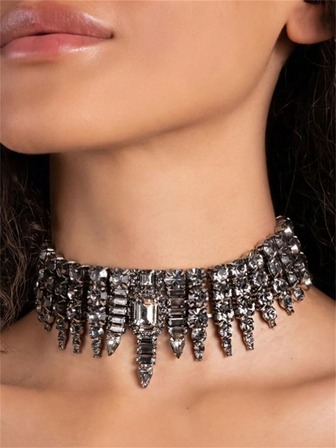 Luxury Crystal Geometric Multi-Layer Tassel Women's Necklace, Asymmetrical Necklace Jewelry Accessory