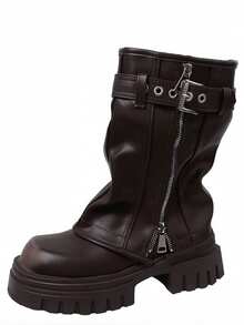 Fall Winter Punk Mid-Calf Boots Round Toe Thick Sole Side Zipper Metal Buckle Ruffled Fashionable Party Boots Outdoor Wear Motorcycle Boots - Brown - View 4