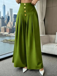 Women's Loose-Fitting Wide-Leg Pants, Solid Color, With Front Buttons And Pleats, Sizes S, M, L - 青檸色 - 查看 2
