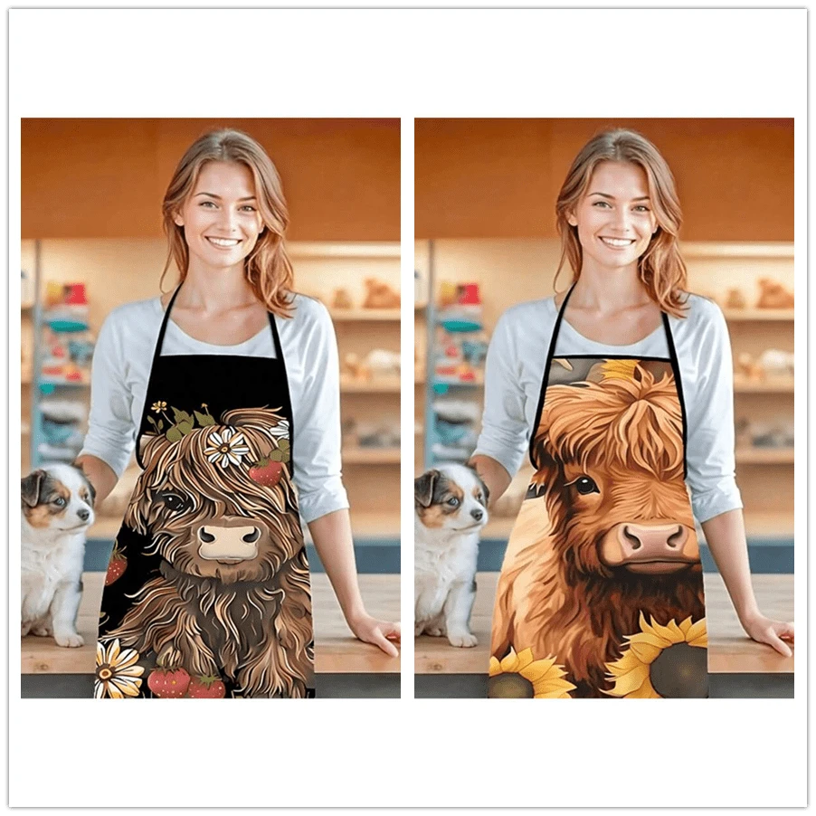 1pc Unisex Elegant Highland Cow Design Apron, Cute & Classy, Suitable For Cooking, Grilling, Outdoor, Festivals, Adjustable Tie Back, All Season, Great Gift - Multicolor - View 1