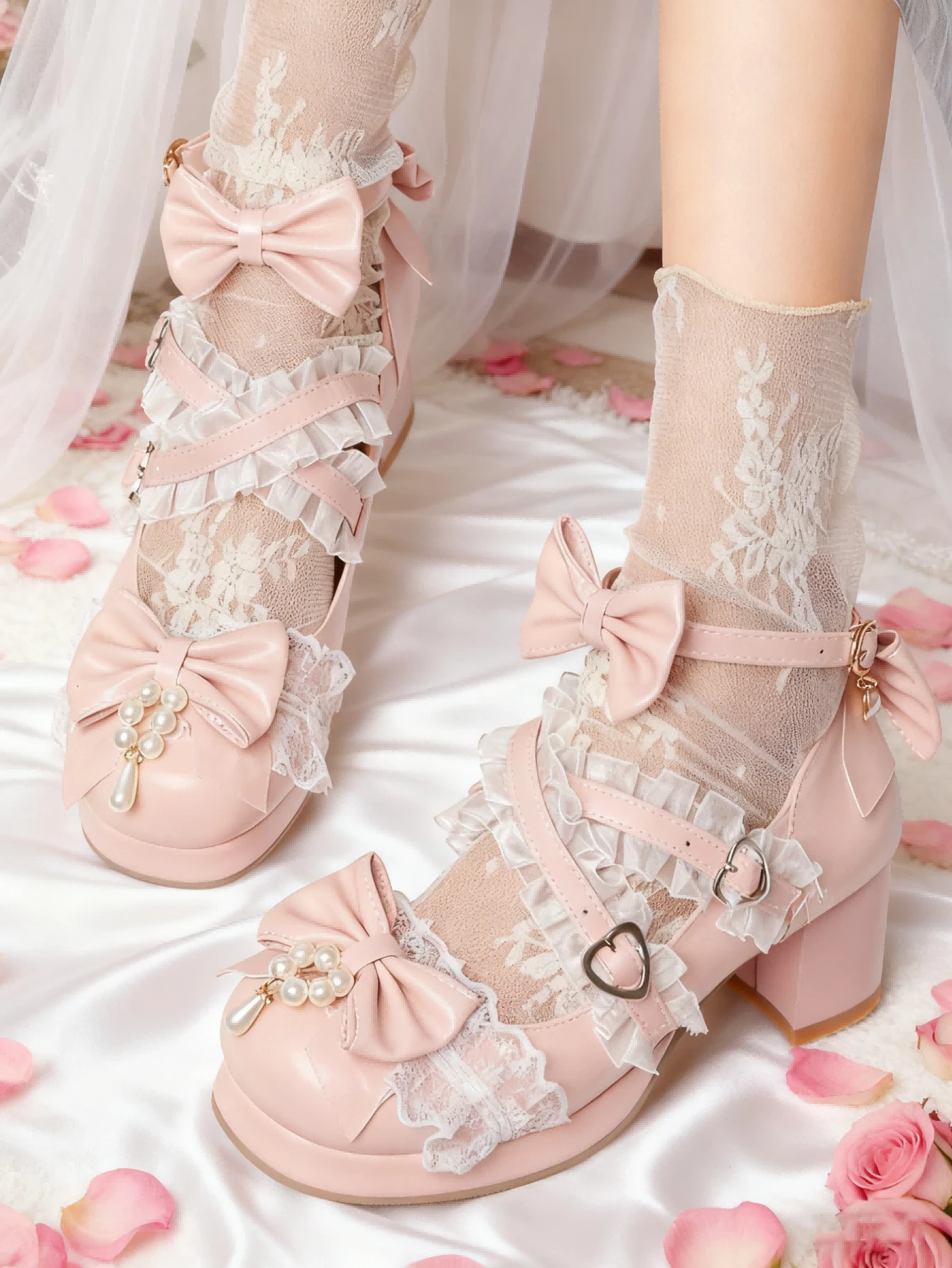 Women's Kawaii Lace Mid Chunky Heel Pumps Cute Ankle Strap Mary Jane Shoes Cross Strap Pumps Fashion Dress Wedding Shoes - 粉色 - 查看 1