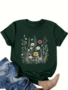 大码印花圆领短袖T恤，常规长度，针织面料，略带弹性 - 墨綠色 - 查看 1