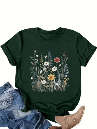 大码印花圆领短袖T恤，常规长度，针织面料，略带弹性