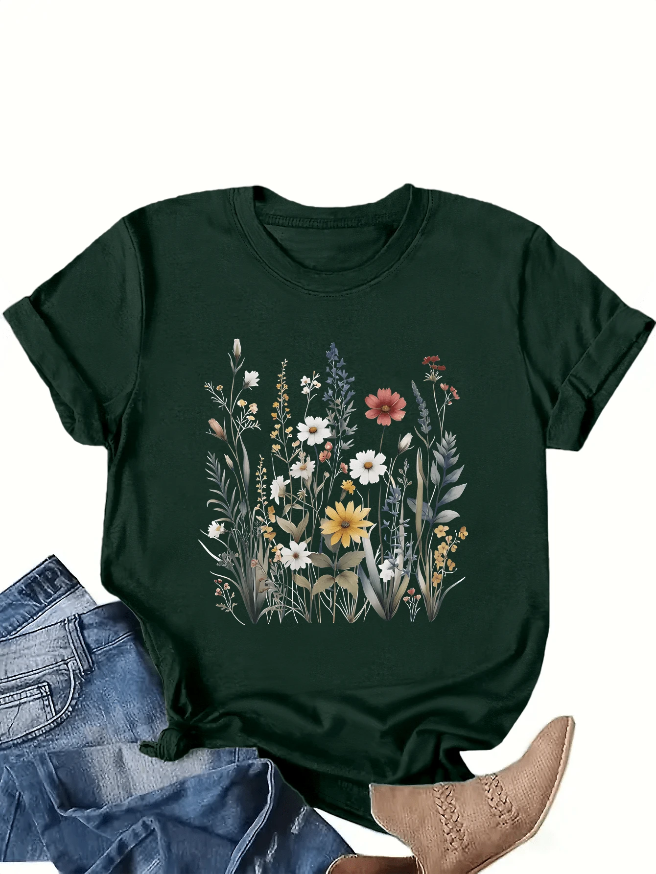 大码印花圆领短袖T恤，常规长度，针织面料，略带弹性 - 墨綠色 - 查看 1