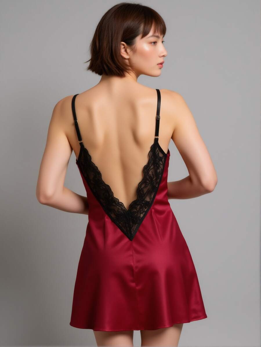 Sexy & Elegant! Women's Satin Dress, Deep V-Neck + Open Back Design, Black Lace-Trimmed Straps - Đỏ - Xem 1