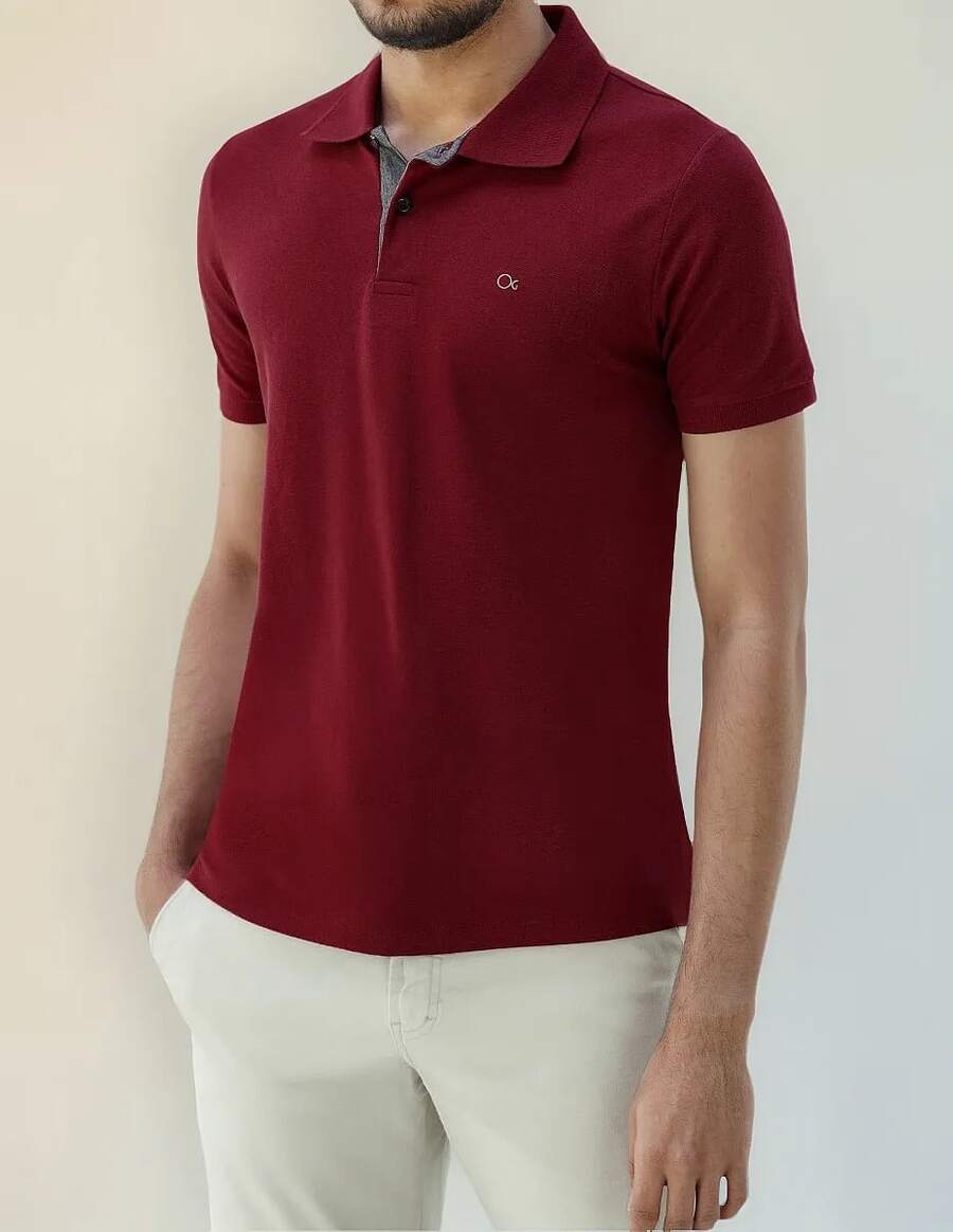 Ogochi Men's Basic Plain Polo Shirt With Logo, No Pocket, Original - 赤霞珠 - 查看 1