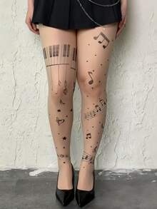 女士钢琴音符和星星 Y2K 图案连裤袜/袜子/打底裤，音乐星空图案连裤袜，复古 Y2K 印花过膝袜，怀旧塑形裤 - 杏色 - 查看 6