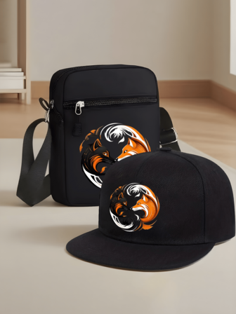 1pc/2pcs Black & Red Fox Design Print Y2K Streetwear Baseball Cap & Crossbody Bag Set, Adjustable Unisex Snapback Hat & Shoulder Bag, Gift For Yourself And Friends