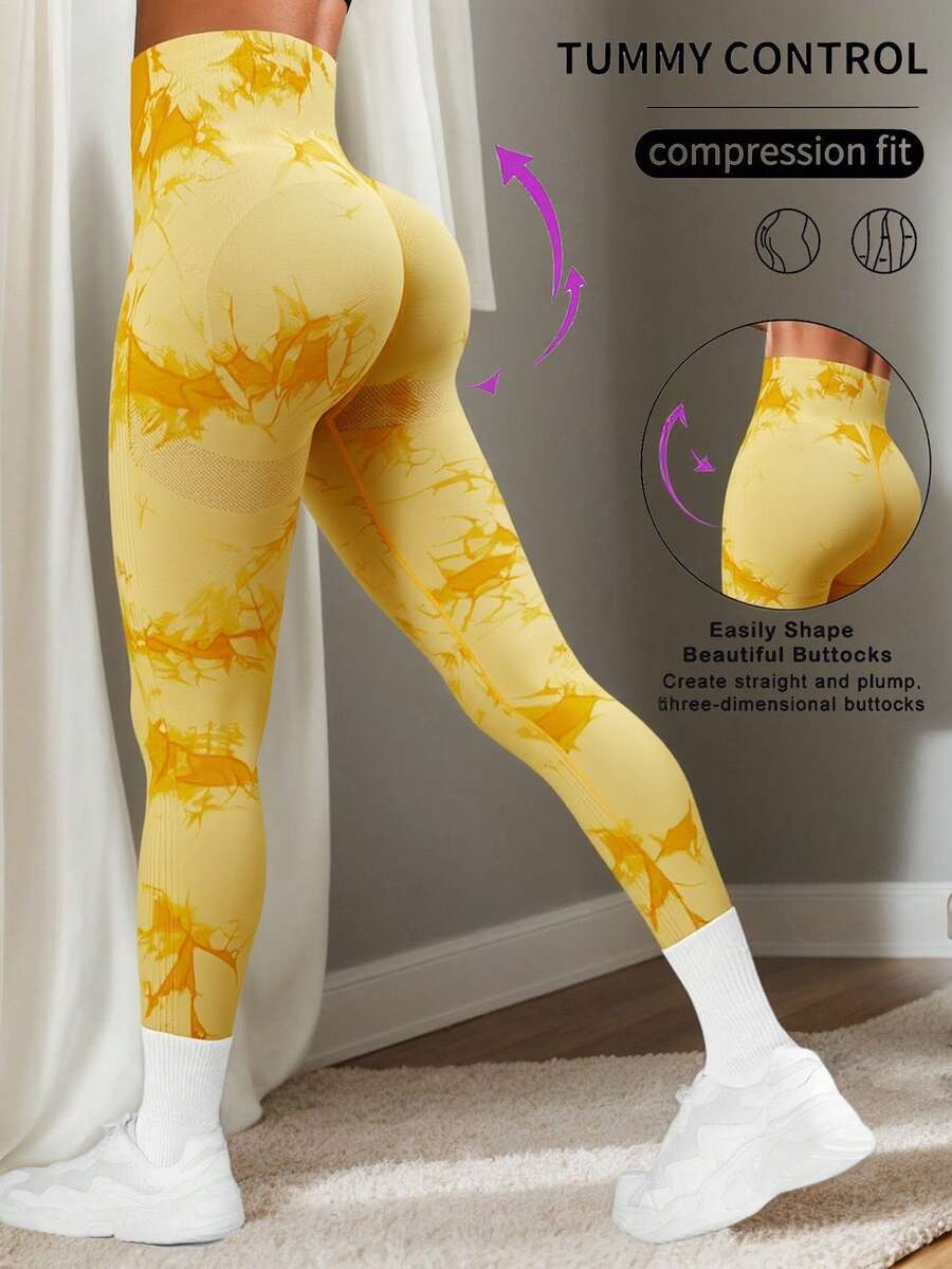 Mujer Leggings de Yoga con Estampado Tie-Dye, Pantalones Deportivos, Diseño de Cintura Alta y Ajustado, Estilo Moderno y Vibrante, Ideal para Yoga, Ejercicio y Estilo de Vida Activo - Amarillo - Ver 1