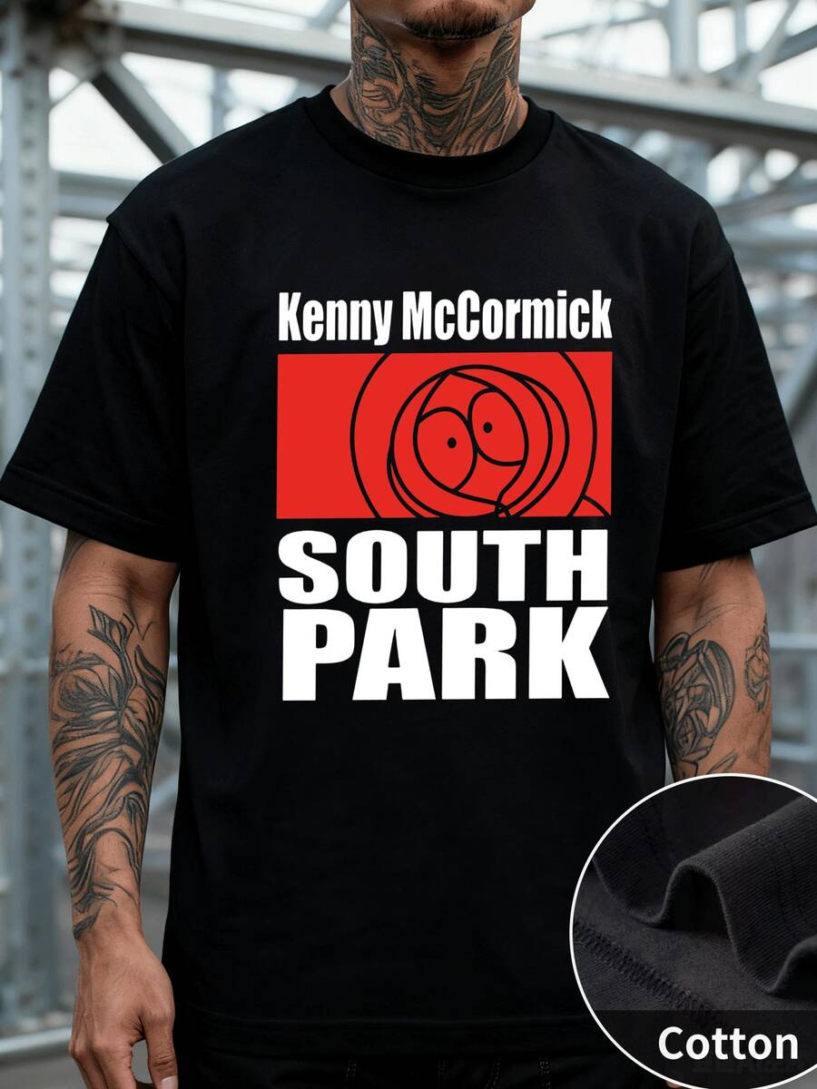 Estilo Animación Camiseta de Manga Corta para Hombre con Diseño de Kenny McCormick y Logo de South Park en Rojo y Blanco, Estética Minimalista y Moderna, Corte Regular, Ideal para Fans de Series Animadas y Jóvenes Urbanos, 220 g 100 % algodón, Ligera, Cómoda y de Gran Impacto Visual, Producto de Global - Negro - Ver 1
