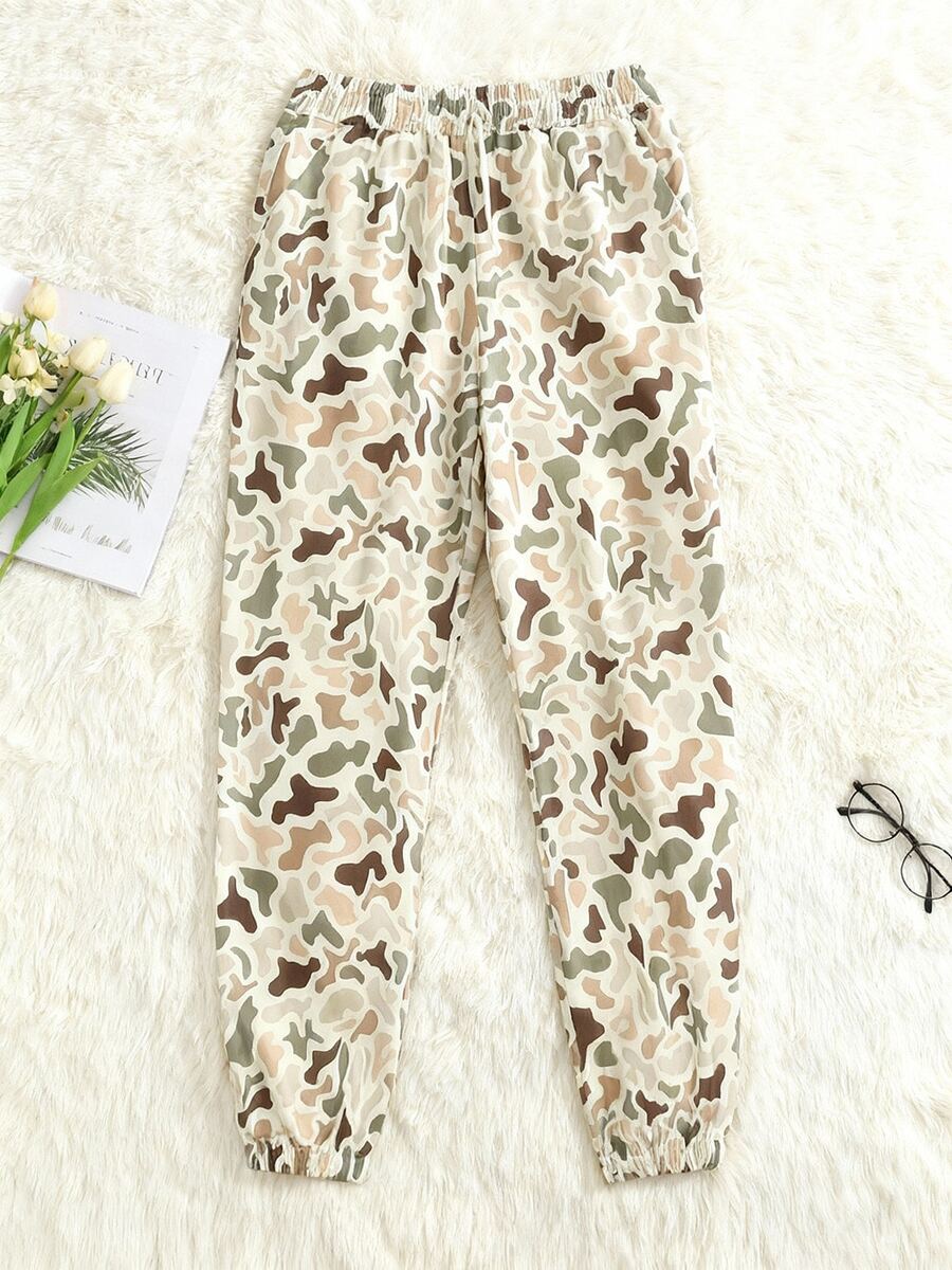 Women's Camo Jogger Sweatpants Elastic Waist Pants For Women Everyday Pants Y2K Casual Camoflage Cargo Pants With Pockets And Draws - 杏色 - 查看 1