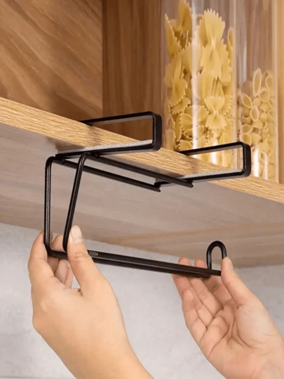 1PC Easy-Install Black Metal Paper Towel Holder - Wall-Mounted, No-Drill Design For Kitchen & Bathroom Organization Kitchen Items Kitchen Accessories Kitchen Tools