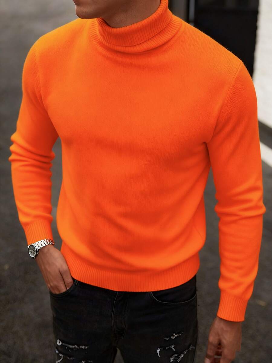 Suéter de cuello alto de manga larga de punto para hombre GRDR, versátil para uso diario - Naranja - Ver 1