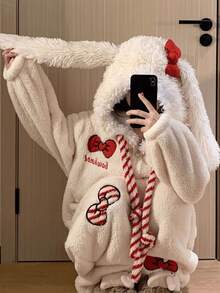 可爱蝴蝶结连帽睡衣，冬季保暖女士连帽长款毛绒睡袍，长袖拉链角色扮演派对睡衣，加厚抓绒保暖，可穿连帽，家居服，可爱冬季睡衣，秋冬季舒适长袖拉链睡衣 - 女士柔软绒毛家居服，礼物，情侣装，圣诞礼物，新年礼物 - 彩色 - 查看 3