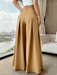 Women's Loose-Fitting Wide-Leg Pants, Solid Color, With Front Buttons And Pleats, Sizes S, M, L - 卡其色 - 查看 3