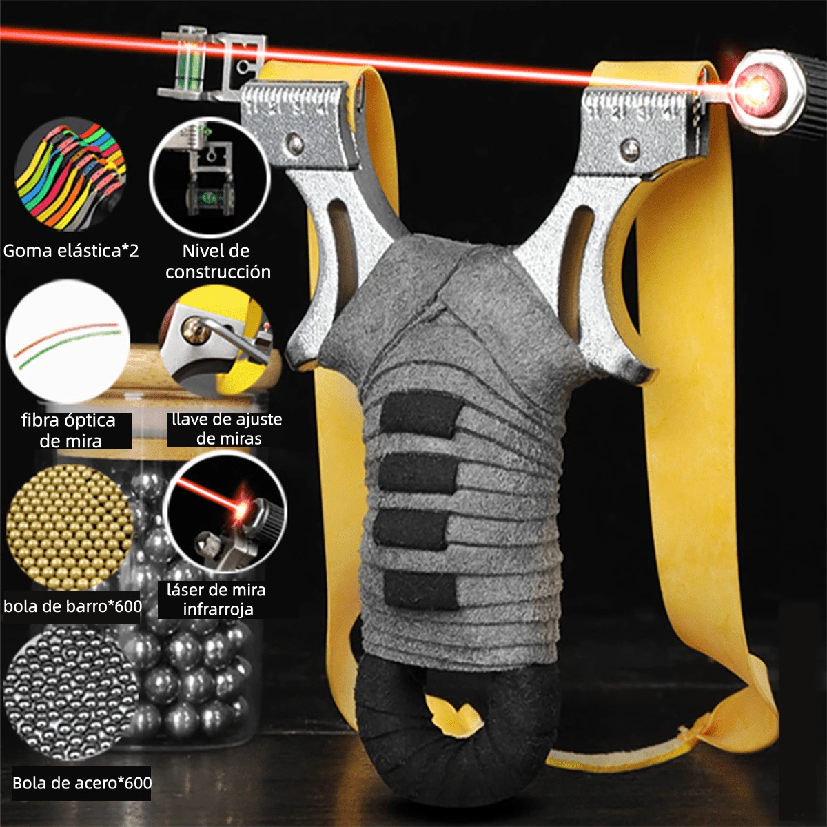 Tirachinas de francotirador 98k de metal con funciones de mira horizontal y luz roja, para práctica de caza y tiro al aire libre, juguete portátil,Incluye 1 lanzacohetes de acero inoxidable, 5 pares de correas, 200 proyectiles metálicos, 600 proyectiles de barro y 1 mira láser