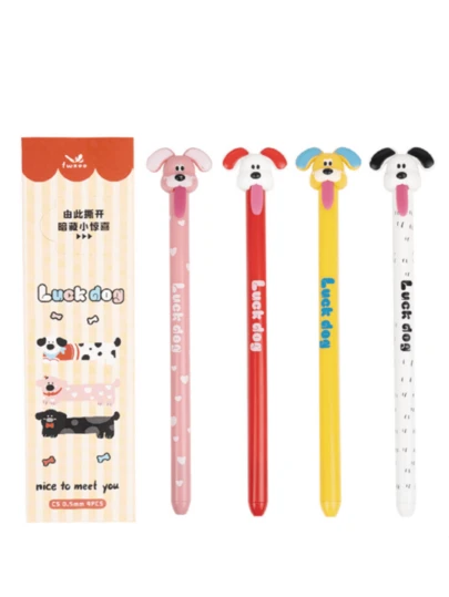 4支装可爱趣味吐舌小狗圆珠笔，创意设计，可伸缩笔尖，0.55毫米速干减压圆珠笔，适合学生、商务人士、办公用品、圣诞礼物