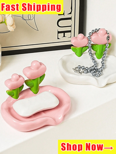 Pastel Pink & Mint Green Floral Soap Tray With Non-Slip Base & Self-Draining Design - Durable Plastic Modern Bathroom Organizer With Heart Leaf & Flower Lid, Valentine's Day Gift.Vanity - Space-Saving Decorative Storage Box For Soap, Toiletries, Makeup - Elegant Pastel Colors, Easy To Clean, Bathroom Decorations, Gift For Women,Small White Shower Soap Tray With Soap Holder Bathroom Organizer, Soap Shower Holder, Bath Accessories