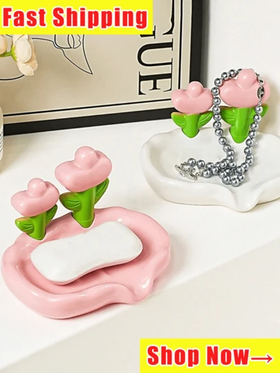 Pastel Pink & Mint Green Floral Soap Tray With Non-Slip Base & Self-Draining Design - Durable Plastic Modern Bathroom Organizer With Heart Leaf & Flower Lid, Valentine's Day Gift.Vanity - Space-Saving Decorative Storage Box For Soap, Toiletries, Makeup - Elegant Pastel Colors, Easy To Clean, Bathroom Decorations, Gift For Women,Small White Shower Soap Tray With Soap Holder Bathroom Organizer, Soap Shower Holder, Bath Accessories