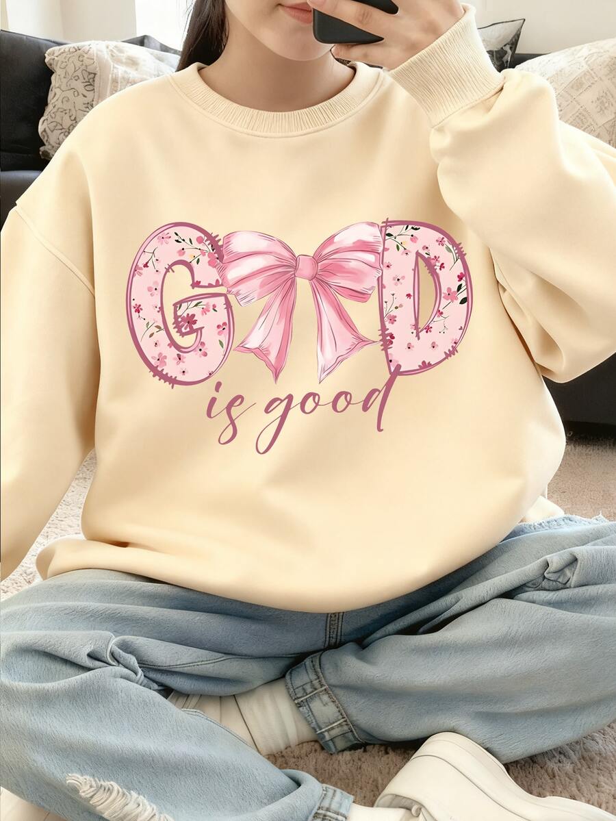 一件青少年女孩励志长袖运动衫，适合日常风格，夏秋季 - 杏色 - 查看 1