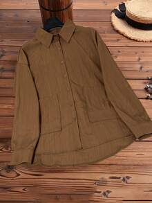 大码女式纯色口袋长袖休闲宽松涤纶衬衫，春夏款