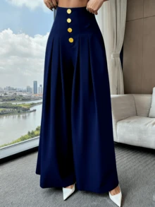 Calça Pantalona Feminina Solta, de Cor Sólida, com Botões na Frente e Pregas P M G - Azul Marinho - Visão 2