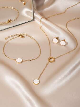 1 Set Elegant Size, Versatile Stainless Steel Women's Jewelry Set, Minimalist Style, White Plate Color, Geometric Shape, Refined Details, Enhances Outfits, Jewelry Set 2, Suitable For Daily Commute/Light Luxury Gathering/All Seasons