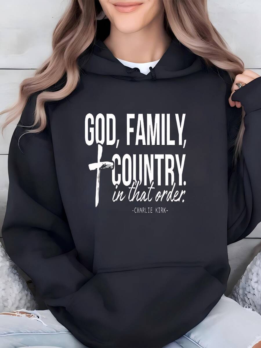 Womens God Family Country Sweahoodie, Christian Conservative Tee, Patriotic Shirt, Republican Shirt, Christian Activist Shirt, Proud American Shirt Hoodie - 黑色 - 查看 1