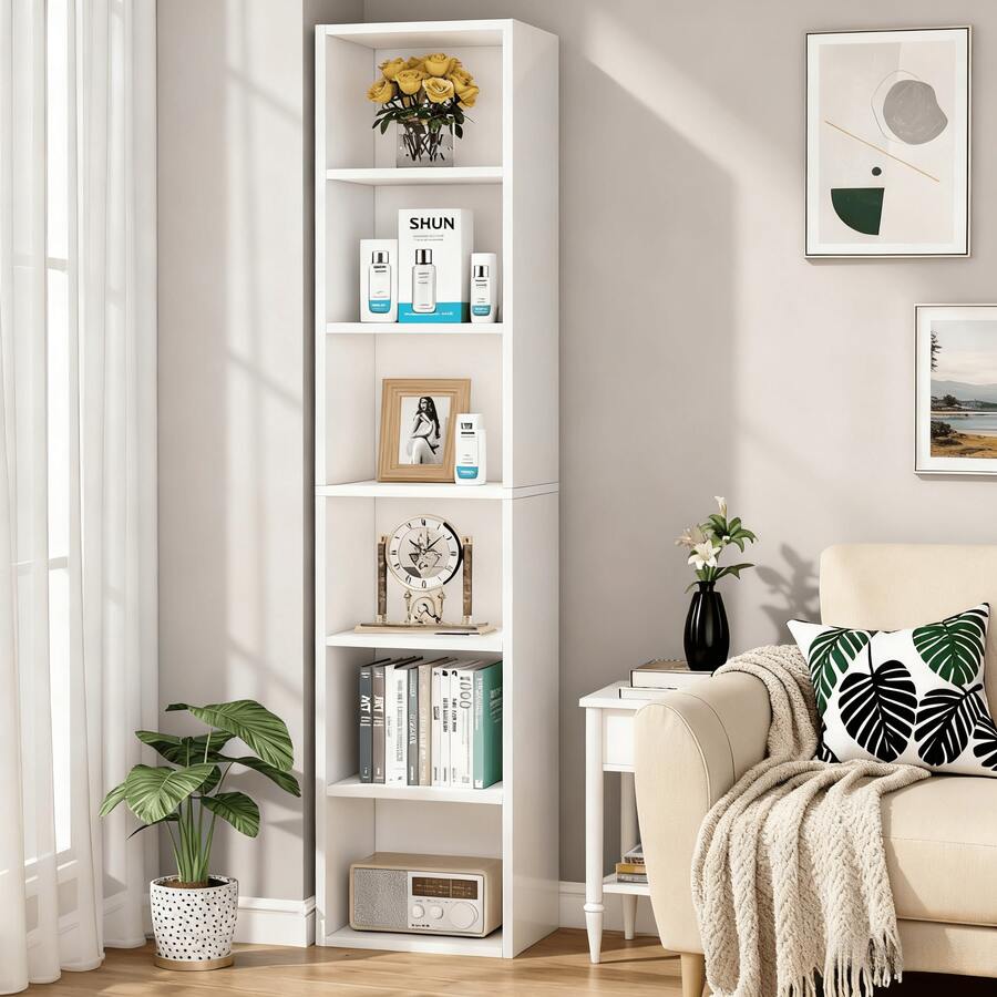 LITTLE TREE Narrow Bookshelf, 6-Tier Bookcase, Book Shelf 70.9 Inch Tall White Open Storage Shelf  Modern Space-Saving Display Shelf For Small Spaces, Living Room Floor Standing Unit,Home Decor Furniture, White Book Stand - 白色 - 查看 1